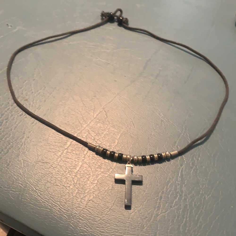Adjustable leather necklace with cross and beads